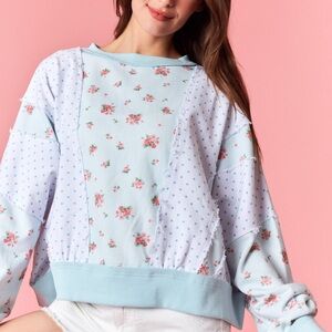Pastel Ditsy Floral & Polka Dot Colorblock Batwing Sweatshirt